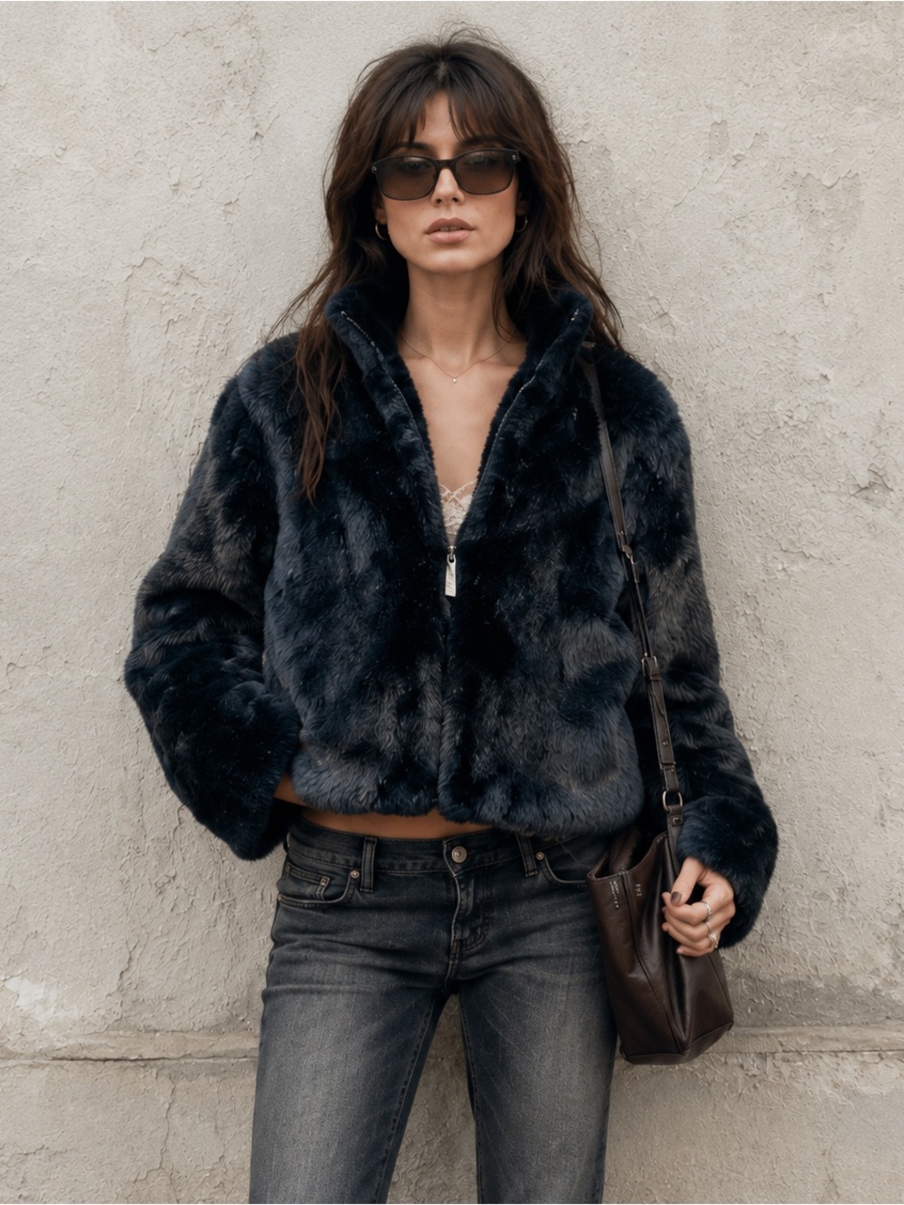 Michael Kors Y2K Midnight Blue Faux Fur Zip Jacket Medium